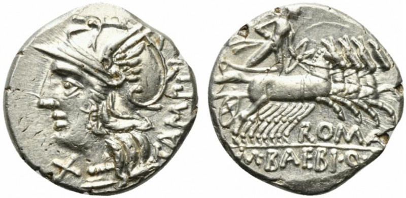 M. Baebius Q.f. Tampilus, Rome, 137 BC. AR Denarius (18mm, 3.93g, 6h). Helmeted ...