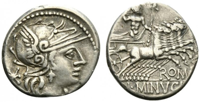 L. Minucius, Rome, 133 BC. AR Denarius (19mm, 3.88g, 3h). Helmeted head of Roma ...