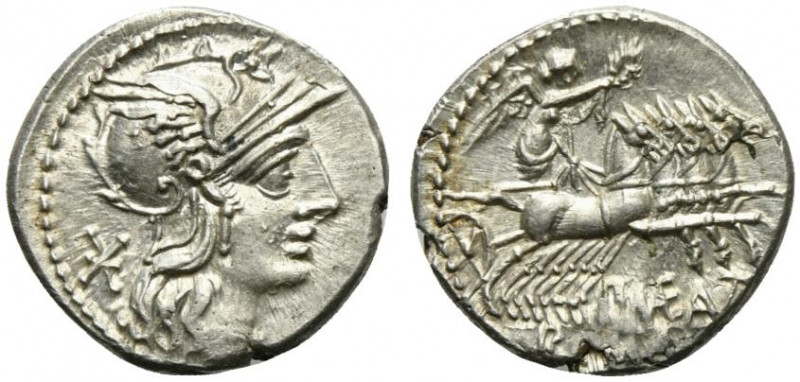 P. Maenius Antiaticus M.f., Rome, 132 BC. AR Denarius (19mm, 3.96g, 12h). Helmet...