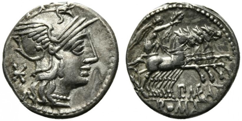 P. Maenius Antiaticus M.f., Rome, 132 BC. AR Denarius (19mm, 3.80g, 9h). Helmete...