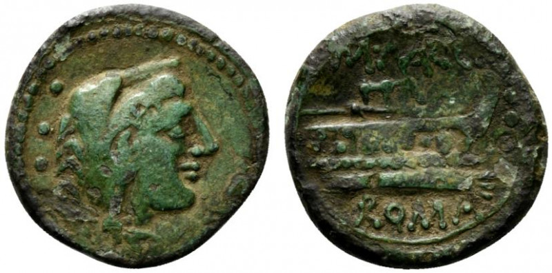 M. Vargunteius, Rome, 130 BC. Æ Quadrans (19.5mm, 5.34g, 12h). Head of Hercules ...