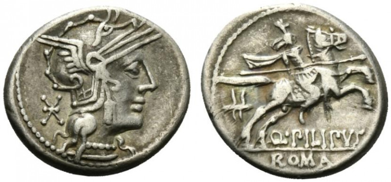 Q. Philippus, Rome, 129 BC. AR Denarius (18.5mm, 3.84g, 12h). Head of Roma r., w...