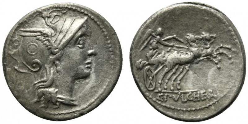 C. Claudius Pulcher, Rome, 111-110 BC. AR Denarius (18.5mm, 3.86g, 4h). Helmeted...