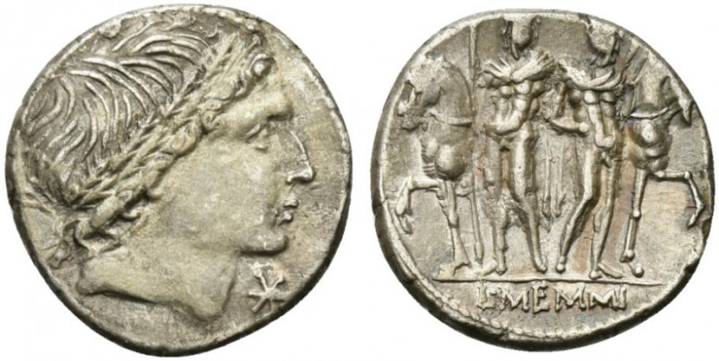 L. Memmius, Rome, 109-108 BC. AR Denarius (18.5mm, 3.74g, 7h). Male head r., wea...