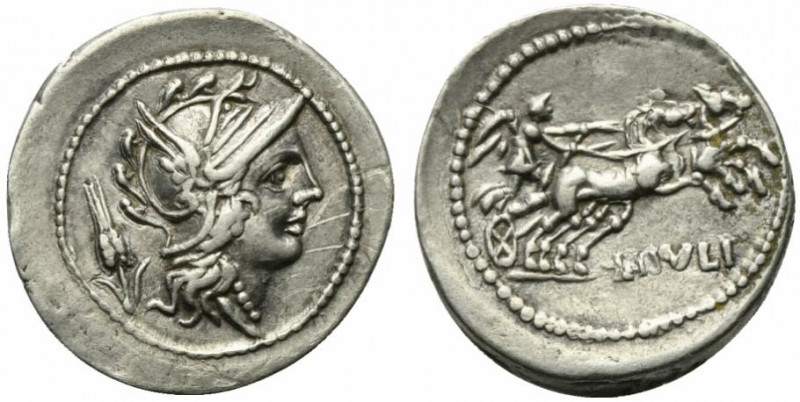 L. Julius, Rome, 101 BC. AR Denarius (21mm, 3.90g, 9h). Helmeted head of Roma r....