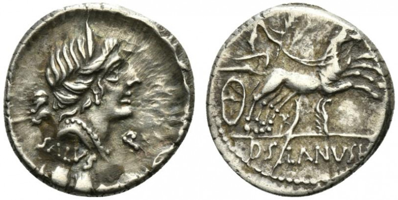 D. Silanus L.f., Rome, 91 BC. AR Denarius (17.5mm, 3.96g, 10h). Diademed head of...