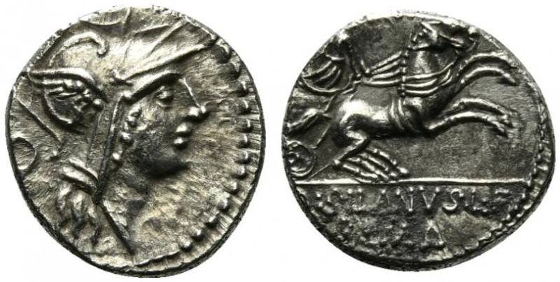 D. Silanus L.f., Rome, 91 BC. AR Denarius (17.5mm, 3.89g, 2h). Helmeted head of ...