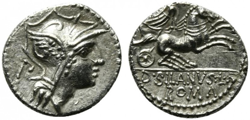 D. Silanus L.f., Rome, 91 BC. AR Denarius (18mm, 3.66g, 12h). Helmeted head of R...