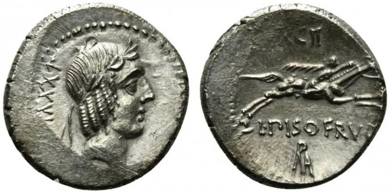 L. Calpurnius Piso Frugi, Rome, 90 BC. AR Denarius (19.5mm, 3.90g, 6h). Laureate...