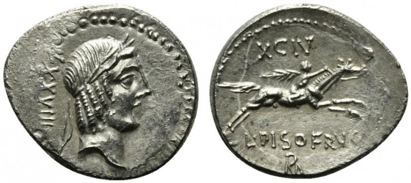 L. Calpurnius Piso Frugi, Rome, 90 BC. AR Denarius (20mm, 3.85g, 12h). Laureate ...