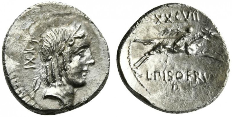 L. Calpurnius Piso Frugi, Rome, 90 BC. AR Denarius (19mm, 3.67g, 9h). Laureate h...