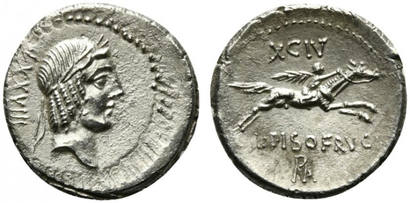 L. Calpurnius Piso Frugi, Rome, 90 BC. AR Denarius (20mm, 3.84g, 12h). Laureate ...