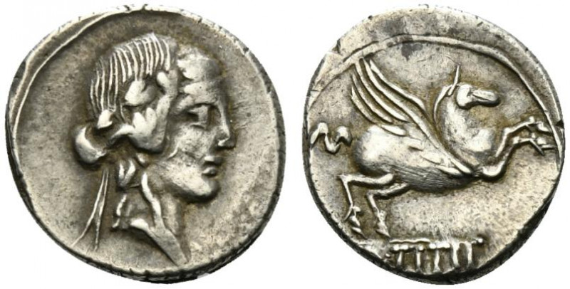 Q. Titius, Rome, 90 BC. AR Denarius (16mm, 3.77g, 9h). Head of young Bacchus r.,...