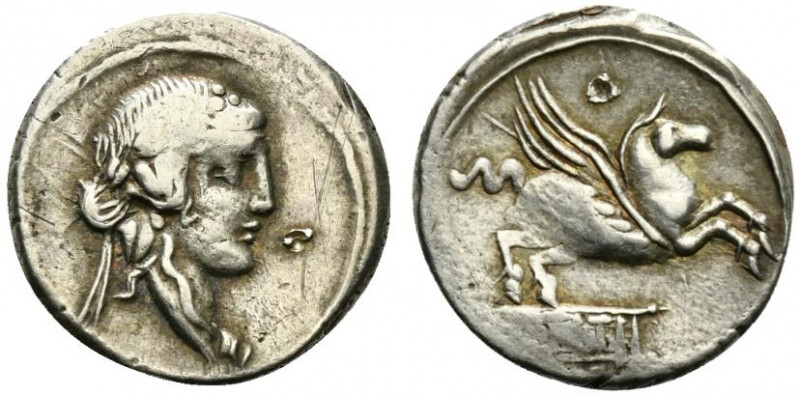 Q. Titius, Rome, 90 BC. AR Denarius (18.5mm, 3.80g, 3h). Head of young Bacchus r...