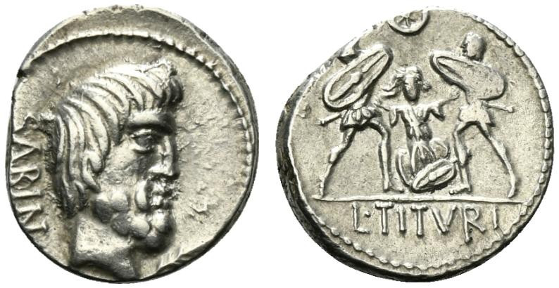 L. Titurius L.f. Sabinus, Rome, 89 BC. AR Denarius (17.5mm, 4.04g, 5h). Barehead...