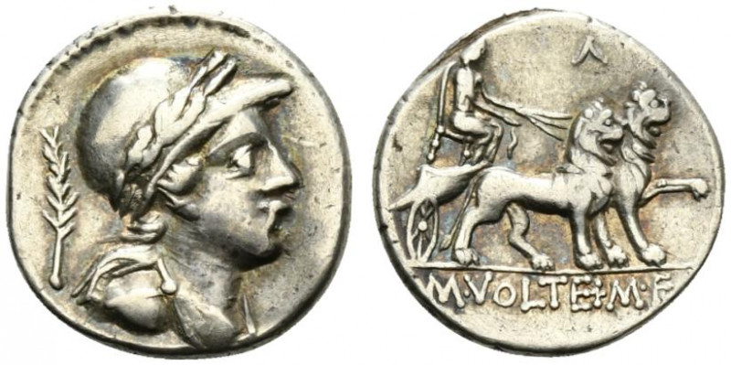 M. Volteius M.f., Rome, 75 BC. AR Denarius (17mm, 3.70g, 3h). Laureate, helmeted...