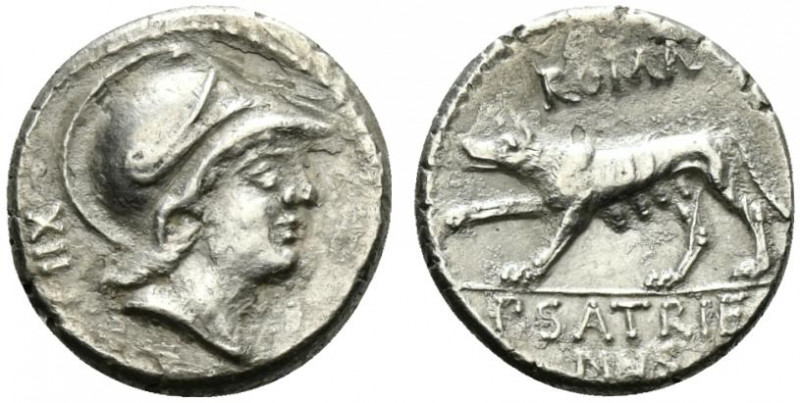 P. Satrienus, Rome, 77 BC. AR Denarius (17.5mm, 3.77g, 6h). Helmeted head of you...