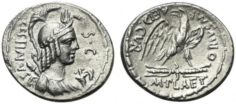 M. Plaetorius M.f. Cestianus, Rome, 57 BC. AR Denarius (20mm, 3.31g, 5h). Helmet...