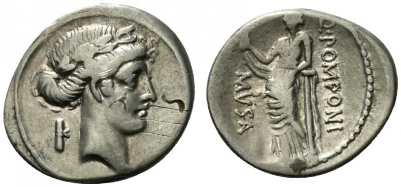 Q. Pomponius Musa, Rome, 56 BC. AR Denarius (19mm, 3.93g, 12h). Laureate head of...