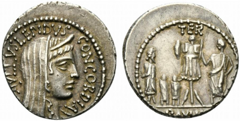 L. Aemilius Lepidus Paullus, Rome, 62 BC. AR Denarius (19mm, 3.88g, 7h). Veiled ...