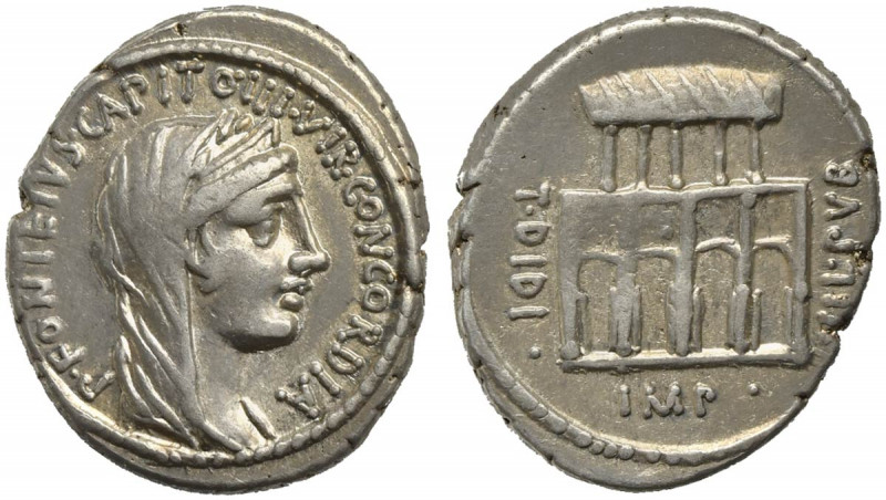 Titus Didius, Rome, 55 BC. AR Denarius (18mm, 3.89g, 5h). Diademed and veiled bu...