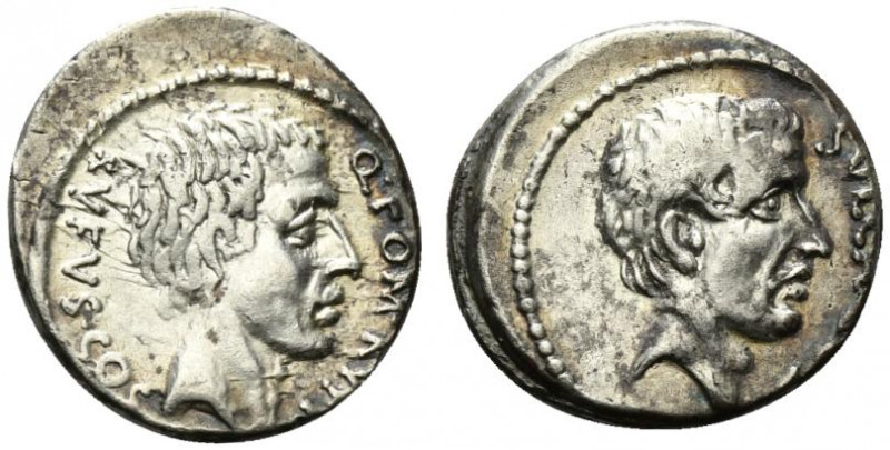 Q. Pompeius Rufus, Rome, 54 BC. AR Denarius (17mm, 3.63 g, 5h). Bare head of the...