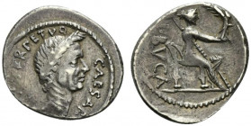 Julius Caesar, Rome, February-March 44 BC. AR Denarius (18mm, 3.66 g, 3h). L. Aemilius Buca, moneyer. Wreathed head of Caesar r. R/ Venus Victrix seat...
