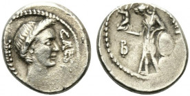 Julius Caesar, Rome, March-April 44 BC. AR Denarius (18mm, 3.02g, 3h). M. Mettius, moneyer. Wreathed head r. R/ Venus Victrix standing l., holding Vic...