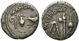 Mark Antony and Lepidus, Gallia Transalpina, may-summer 43 BC. AR Denarius (18mm, 4.14g, 10h). Lituus, capis and raven. R/ Emblems of the pontificate:...