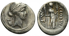 Roman Imperatorial, P. Clodius M.f. Turrinus, Rome, 42 BC. AR Denarius (17.5mm, 3.67g, 1h). Laureate head of Apollo r.; lyre behind. R/ Diana Lucifera...