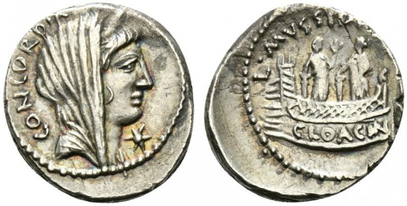 L. Mussidius Longus, Rome, 42 BC. AR Denarius (17mm, 4.09g, 10h). Diademed and v...