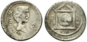 Mark Antony, military mint traveling with Antony in Greece, 42 BC. AR Denarius (18.5mm, 3.86g, 4h). Bare head r. R/ Facing head of Sol on disk within ...