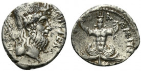 Sextus Pompey, 37/6 BC, Uncertain Sicilian mint. AR Denarius (18.5mm, 3.83g, 2h). Diademed and bearded head of Neptune r.; trident over l. shoulder. R...