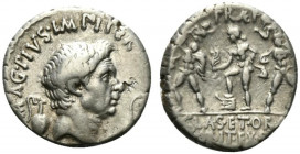 Sextus Pompey (42-40 BC), Uncertain Sicilian mint, AR Denarius (18.5mm, 3.80g, 1h). Bare head of Pompey the Great r.; capis to l., lituus to r. R/ Nep...