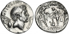 Sextus Pompey, 42-40 BC, Uncertain Sicilian mint, AR Denarius (18mm, 3.66g, 2h). Bare head of Pompey the Great r.; capis to l., lituus to r. R/ Neptun...