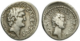 Mark Antony and Octavian, Ephesus, Spring-early summer 41 BC. AR Denarius (19mm, 3.75g, 12h). M. Barbatius Pollio, quaestor pro praetore. Bare head of...