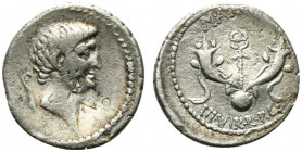 Mark Antony, Uncertain mint (Corcyra?), Summer 40 BC. AR Denarius (19mm, 3.58g, 3h). Bare head r.; lituus to l. R/ Caduceus and two cornucopias set on...