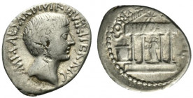 Octavian, Southern or central Italian mint, Spring-early summer 36 BC. AR Denarius (19.5mm, 3.72g, 7h). Bareheaded and bearded head r. R/ Tetrastyle t...