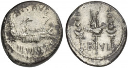 Mark Antony, Patrae(?), Autumn 32-spring 31 BC. AR Denarius (19mm, 3.73g, 11h). Legionary type. Galley r. R/ LEG VI, legionary aquila between two sign...