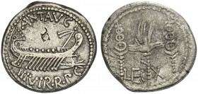 Mark Antony, Patrae(?), Autumn 32-spring 31 BC. AR Denarius (18mm, 3.01g, 6h). Legionary issue. Galley r. R/ LEG X, legionary aquila between two signa...
