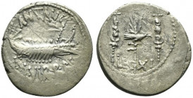 Mark Antony, Patrae(?), Autumn 32-spring 31 BC. AR Denarius (18mm, 3.40g, 12h). Legionary issue. Galley r. R/ LEG XI, legionary aquila between two sig...
