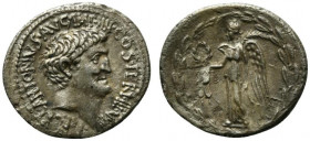 Mark Antony, Uncertain (Actium?) mint, Summer 31 BC. AR Denarius (19mm, 3.54g, 12h). D. Turillius, moneyer. Bare head r. R/ Victory standing l., holdi...