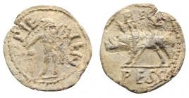 Roman PB Tessera, c. 1st century BC - 1st century AD (22mm, 3.95g, 1h). Mercury standing l., holding purse and caduceus; PIE above, LEN to r. R/ Boar ...