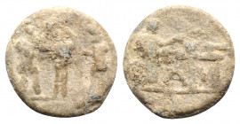 Roman PB Tessera, c. 1st century BC - 1st century AD (21mm, 7.21g, 12h). Three uncertain figure standing. R/ Figure standing r. before curule chair an...