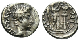 Augustus (27 BC-AD 14). AR Quinarius (13mm, 1.74g, 9h). Emerita; P. Carisius, legatus pro praetore, c. 25-3 BC. Bare head r. R/ Victory standing r., c...