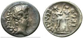 Augustus (27 BC-AD 14). AR Quinarius (14.5mm, 1.70g, 6h). Emerita; P. Carisius, legatus pro praetore, c. 25-3 BC. Bare head r. R/ Victory standing r.,...