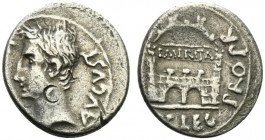 Augustus (27 BC-AD 14). AR Denarius (17mm, 3.50g, 6h). Emerita mint; P. Carisius, legatus pro praetore, c. 25-23 BC. Bare head l. R/ Bird’s-eye view o...