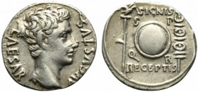 Augustus (27 BC-AD 14). AR Denarius (19mm, 3.92g, 6h). Uncertain Spanish mint (Colonia Patricia?), c. 19 BC. Bare head r. R/ Round shield inscribed CL...