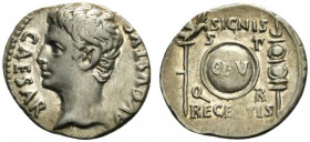 Augustus (27 BC-AD 14). AR Denarius (18.5mm, 3.68g, 6h). Colonia Patricia(?), 19 BC. Bare head l. R/ Round shield; aquila and signum flanking. RIC I 8...