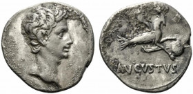 Augustus (27 BC-AD 14). AR Denarius (19mm, 3.44g, 6h). Colonia Patricia(?), 17-16 BC. Bare head r. R/ Capricorn r., holding globe attached to rudder b...